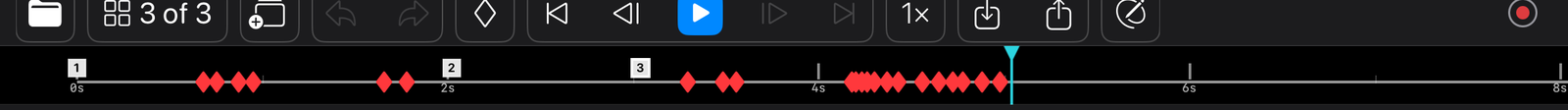 The LectureGlyph top bar and timeline strip: transport buttons above, and below them numbered page squares, red diamond pause markers, and the cyan playhead