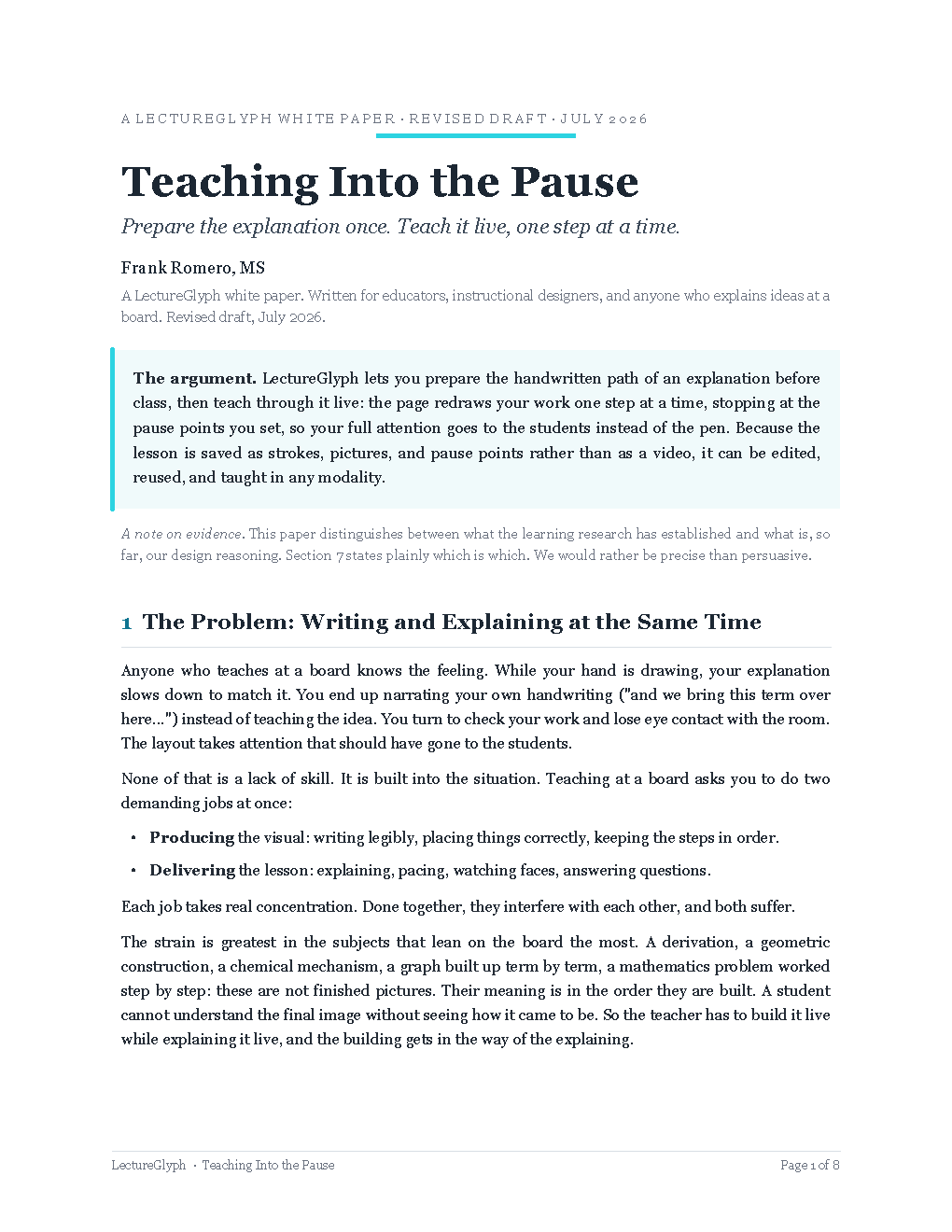 First page of the LectureGlyph white paper, Teaching Into the Pause